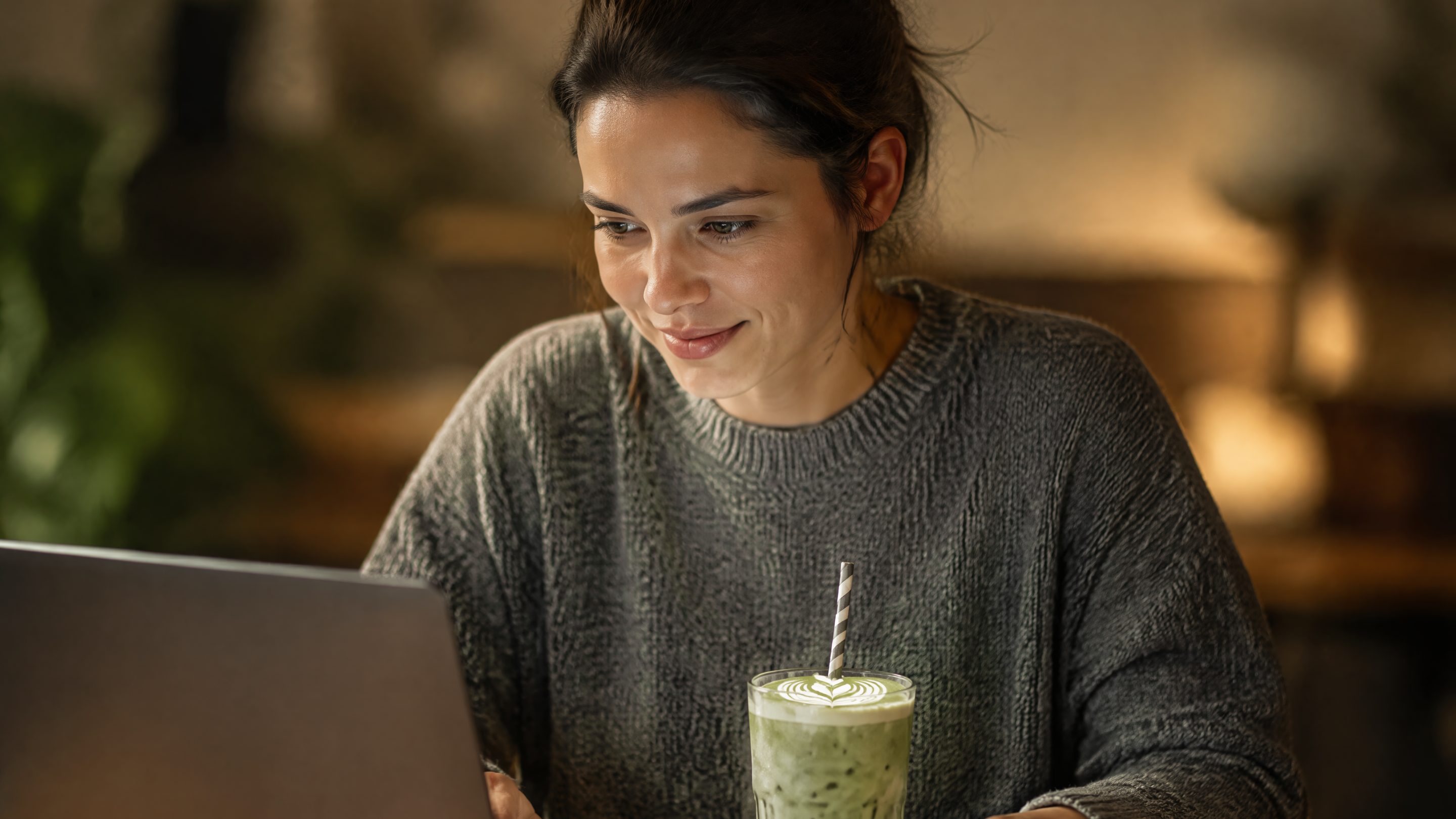Une femme d'une trentaine d'années penchée sur son ordinateur portable à une table en bois, une main sur le clavier, un matcha glacé dans un grand verre posé à côté d'elle, l'arrière-plan flou.