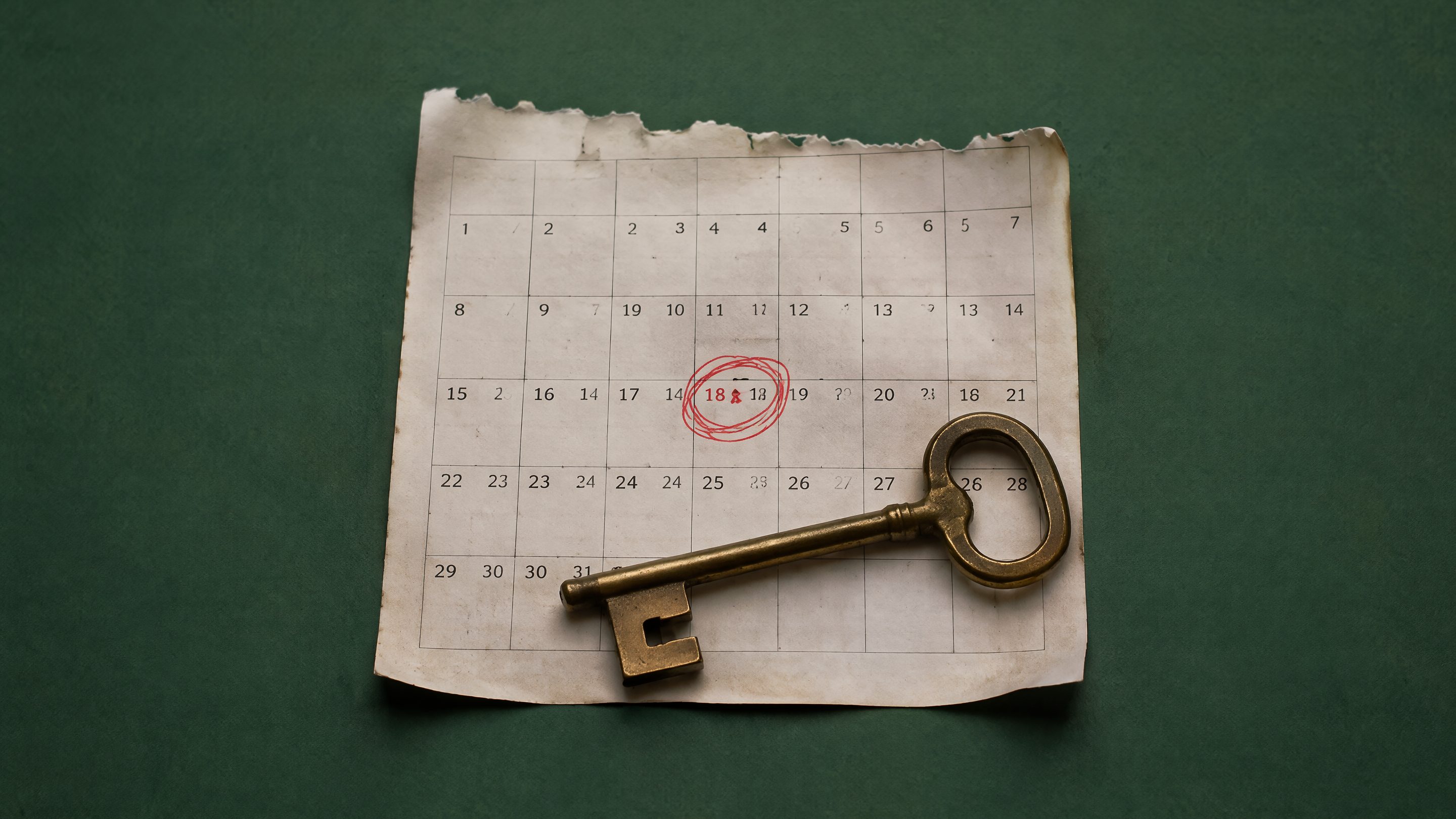 Une page de calendrier arrachée, une date entourée deux fois au stylo rouge, maintenue à plat par une grosse clé en laiton sur fond vert foncé.