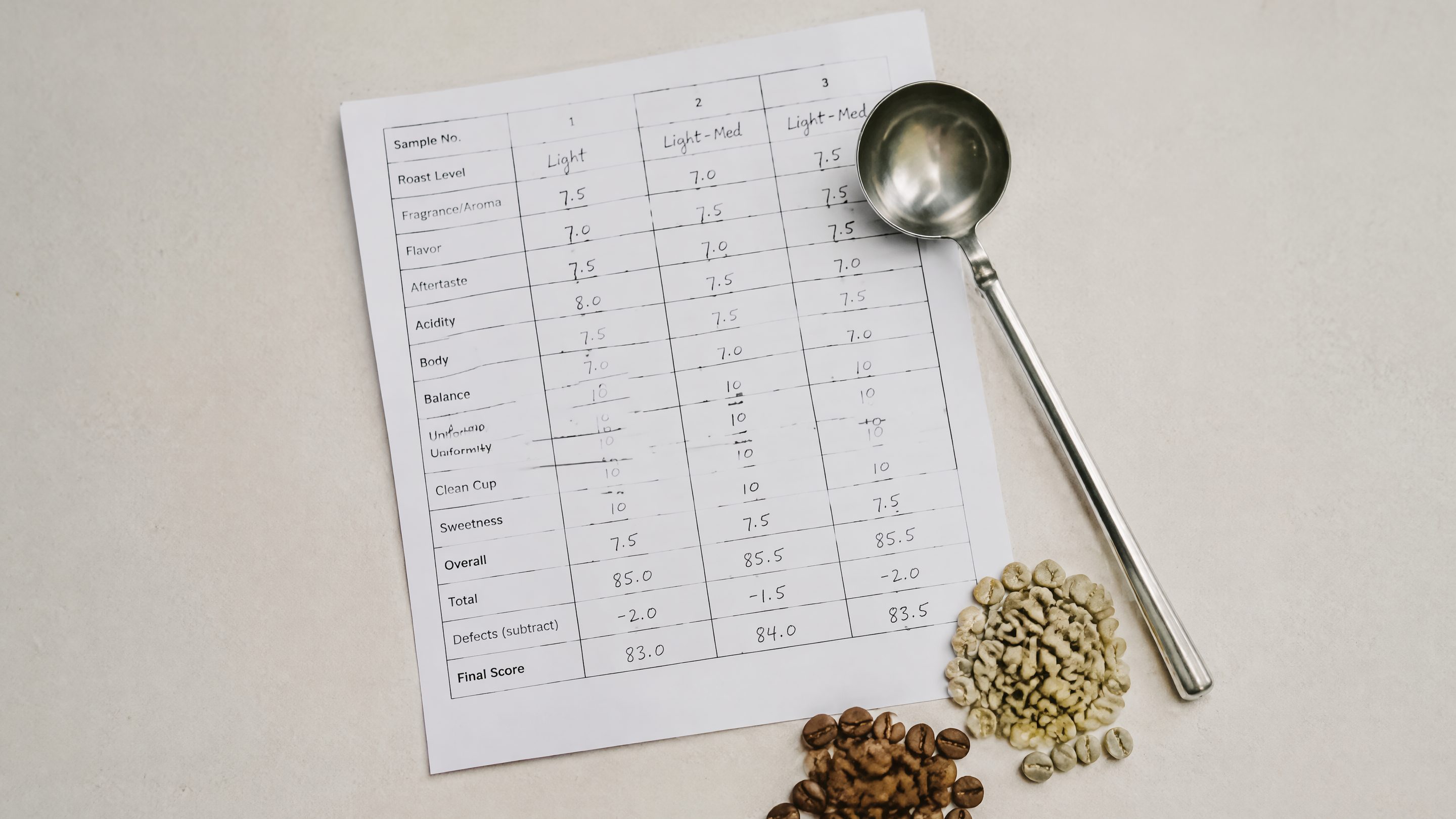 Une fiche de dégustation remplie à la main, une cuillère à cupping en inox posée en diagonale et deux petits tas de grains, l'un vert cru, l'autre torréfié clair.