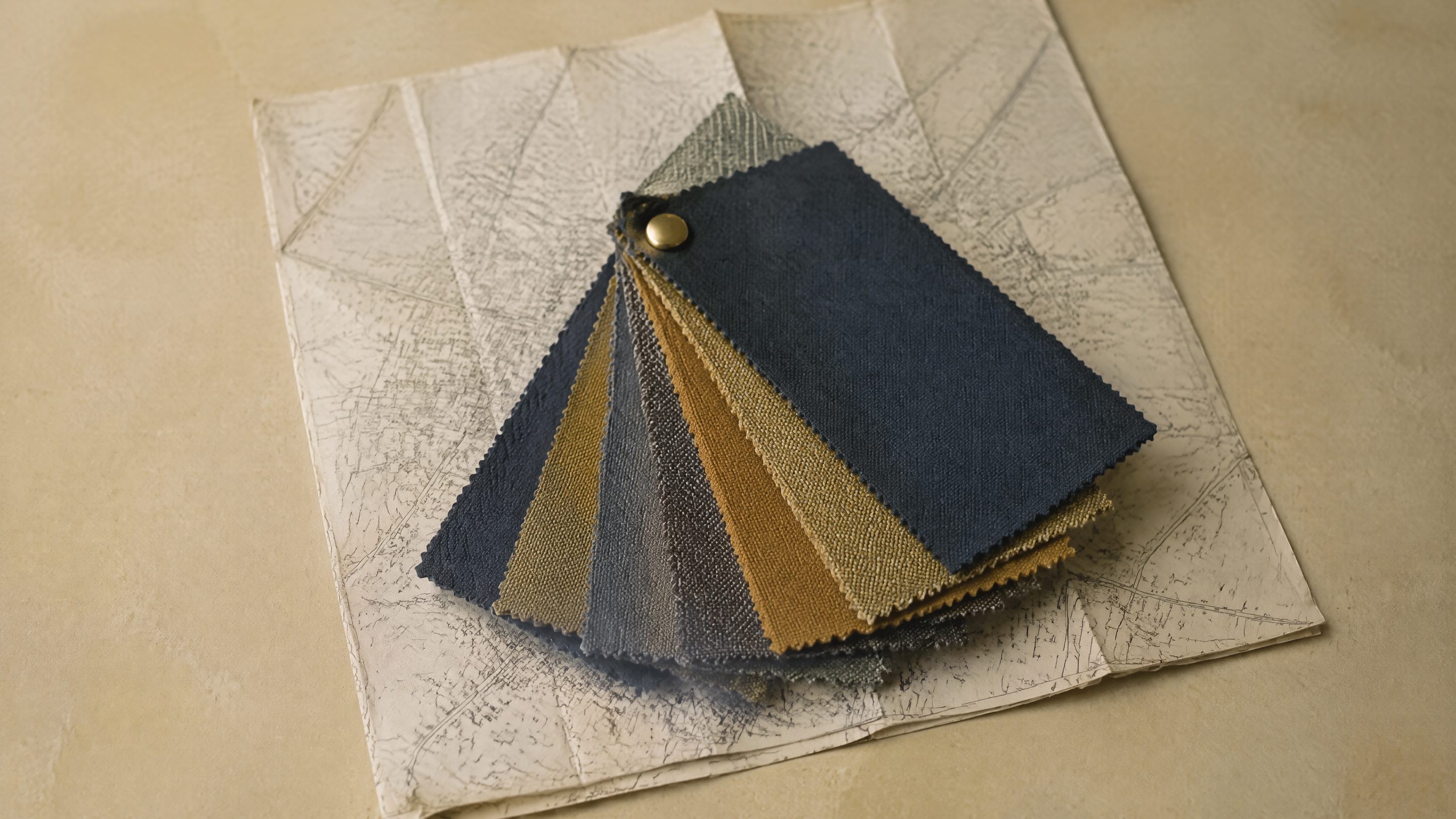 Un éventail d'échantillons de tissu bleu, ocre et gris, relié par un rivet, posé sur un plan de rues en papier plié.